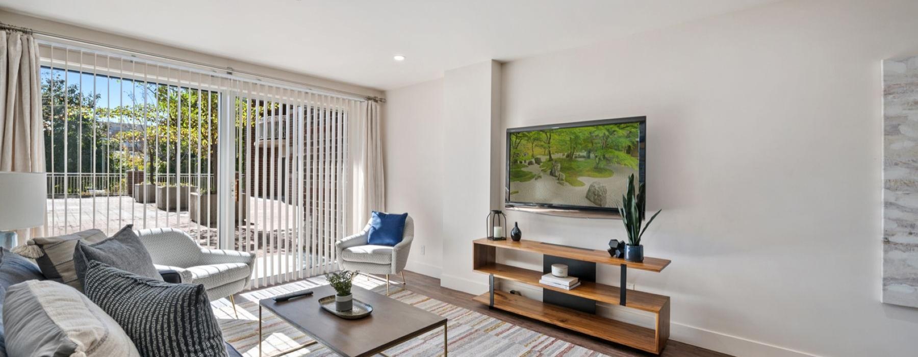a living room with a tv and couches
