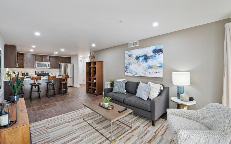 a living room with a couch and a table